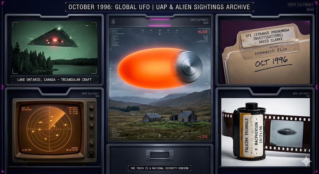 An illustrated collage of various UFO sightings from October 1996, including the Falkirk oval and triangular craft.