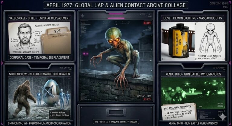 Illustrated collage of April 1977 UFO sightings, including the Dover Demon and the Valdes temporal displacement case.