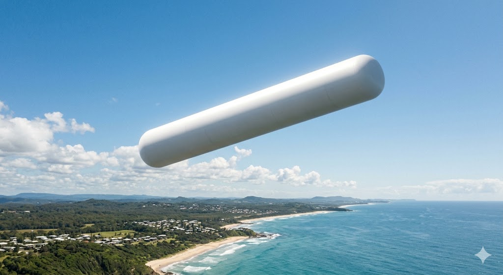 Illustration of a large white cylindrical UFO without wings or tail over the Sunshine Coast in 1970.