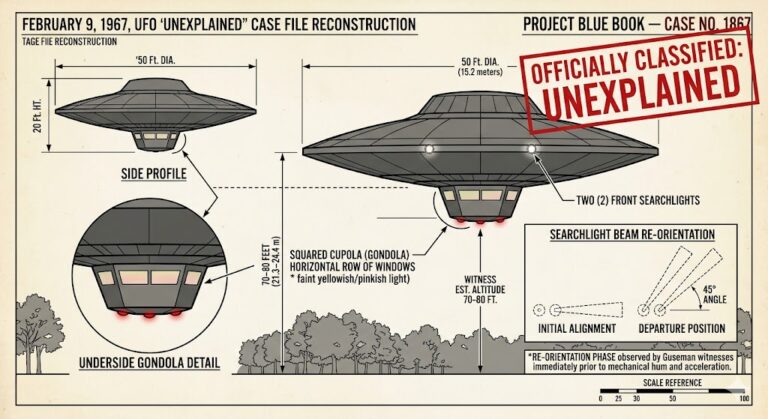 Illustration of the 1967 Odessa, Delaware UFO sighting showing a 50-foot disc with a squared cupola and front searchlights.