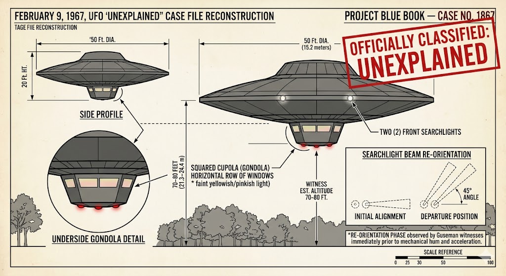 Illustration of the 1967 Odessa, Delaware UFO sighting showing a 50-foot disc with a squared cupola and front searchlights.