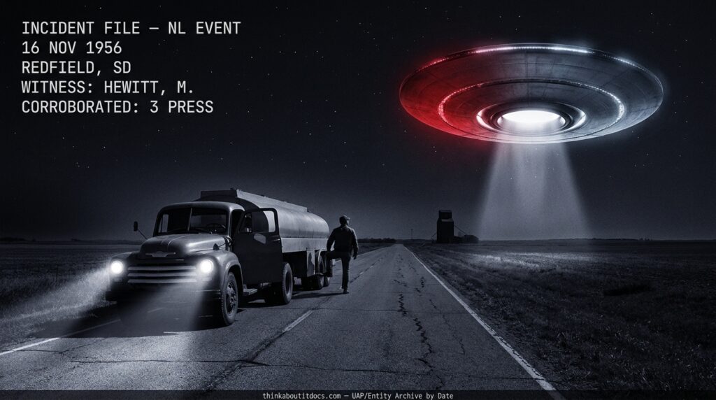 Dossier-style illustration of a massive slate-gray disc hovering over a lone 1950s tank truck on a desolate South Dakota highway at night, the craft's surface transitioning to cherry red as the truck's headlights blaze.