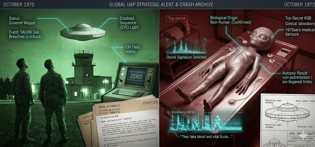 Forensic split-view of the McChord AFB saucer incursion and the Tashkent KGB alien recovery in October 1972.