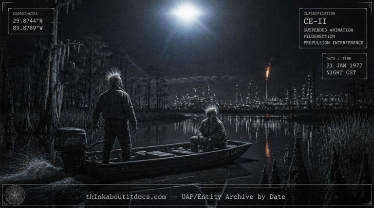 Reconstruction of the January 21, 1977, Yscloskey, Louisiana, encounter where two nutria hunters were immobilized by a hovering light at 65 feet above their boat near the Shell refinery.
