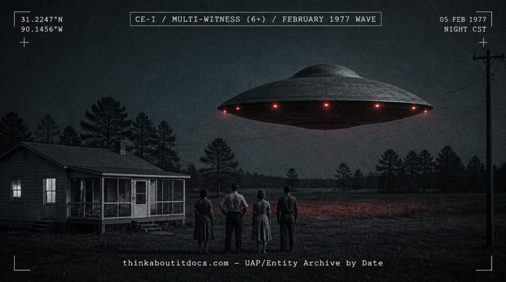 Reconstruction of the February 5, 1977, Jayess, Mississippi, sighting where six adults observed a grey dish-shaped UFO with red lights hovering at 50 yards over a rural home.