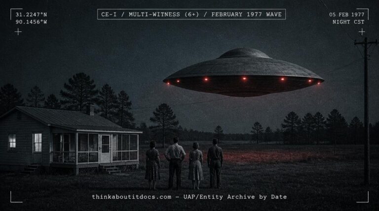 Reconstruction of the February 5, 1977, Jayess, Mississippi, sighting where six adults observed a grey dish-shaped UFO with red lights hovering at 50 yards over a rural home.