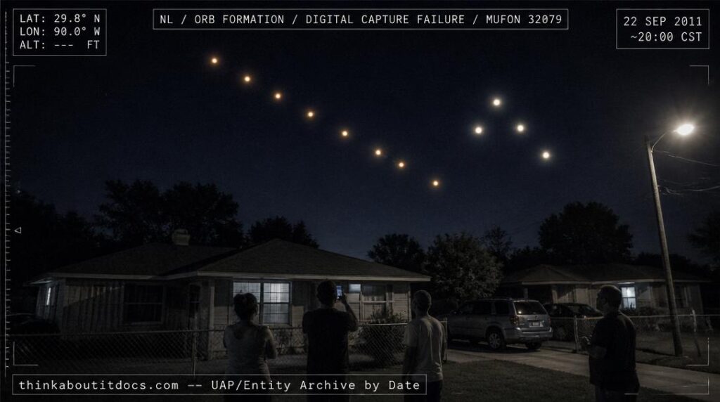 Reconstruction of the September 22, 2011, Louisiana orb formation sighting where approximately twelve luminous orbs performed shape-shifting maneuvers in diagonal and triangular formations visible to multiple witnesses.