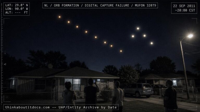 Reconstruction of the September 22, 2011, Louisiana orb formation sighting where approximately twelve luminous orbs performed shape-shifting maneuvers in diagonal and triangular formations visible to multiple witnesses.