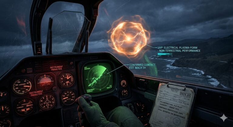 A first-person pilot's perspective from an F-4 Phantom cockpit during a March 1975 UAP intercept, showing a glowing plasma-form anomaly and malfunctioning analog flight instruments.