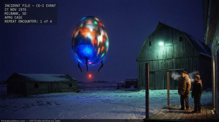 Dossier-style illustration of a 30-foot egg-shaped UFO with multicolored lights hovering between a barn and hog house on a frozen South Dakota farm at night, November 1976, as two witnesses observe from the farmhouse porch.