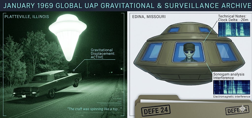 Forensic split-view showing the 1969 Platteville car lifting event and the Edina Missouri humanoid surveillance encounter.