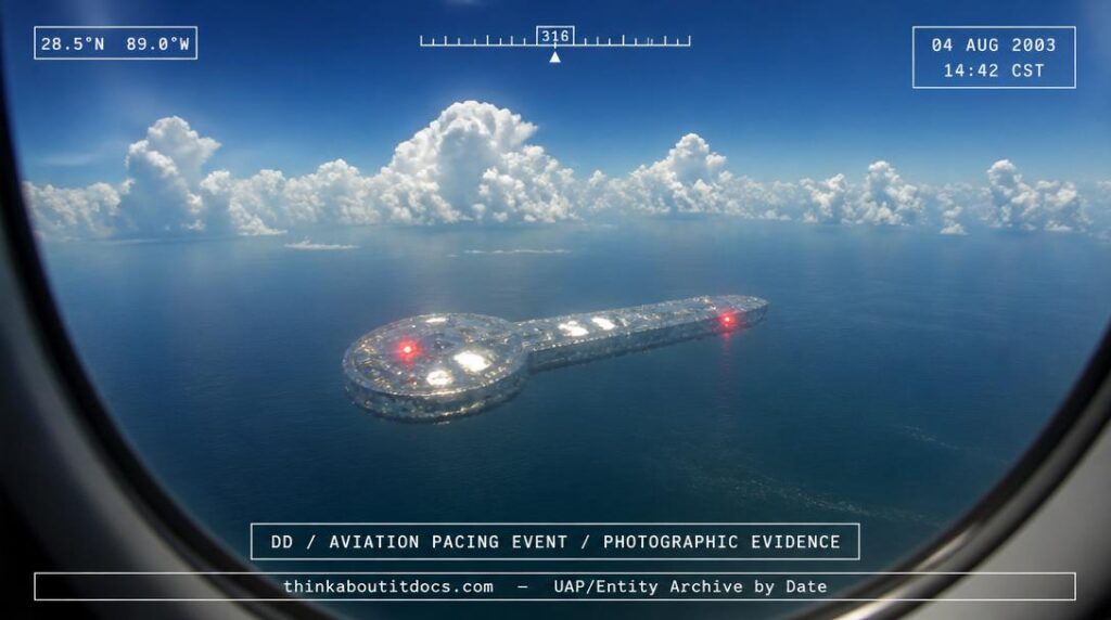 Reconstruction of the August 4, 2003, Gulf of Mexico sighting where an engineer photographed a 100-to-150-foot silver banjo-shaped UFO pacing his commercial aircraft near New Orleans.