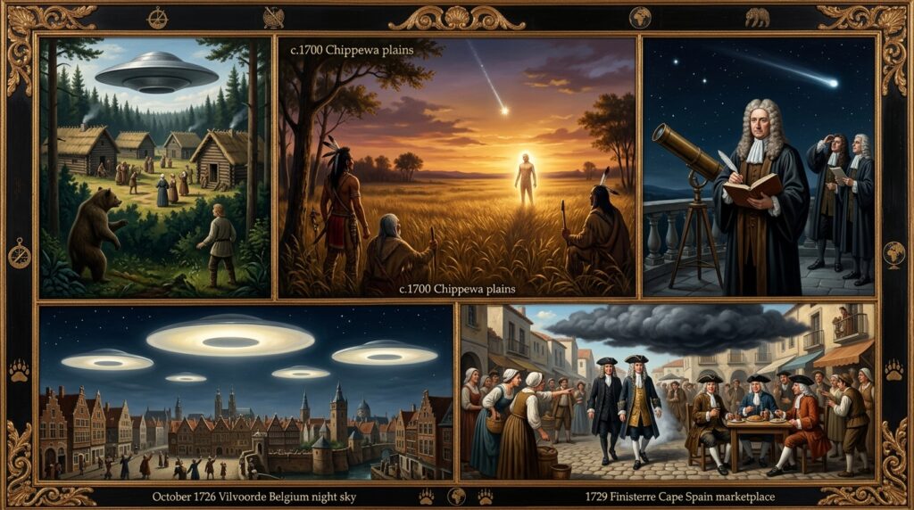 Collage of 1700-1749 CE Enlightenment era UFO and UAP sightings including Chippewa sky-man waiting for craft on North American prairie, Finnish smith abduction at Sahalahti, Edmond Halley observing 1719 Oxford object, Vilvoorde Belgium luminous discs, and Spanish marketplace cloud men