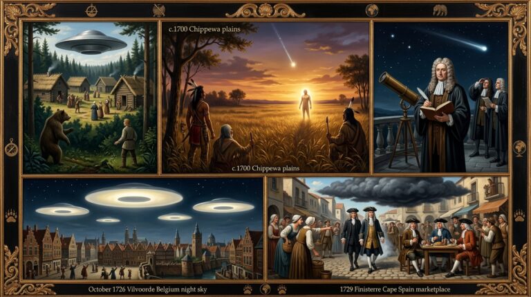 Collage of 1700-1749 CE Enlightenment era UFO and UAP sightings including Chippewa sky-man waiting for craft on North American prairie, Finnish smith abduction at Sahalahti, Edmond Halley observing 1719 Oxford object, Vilvoorde Belgium luminous discs, and Spanish marketplace cloud men
