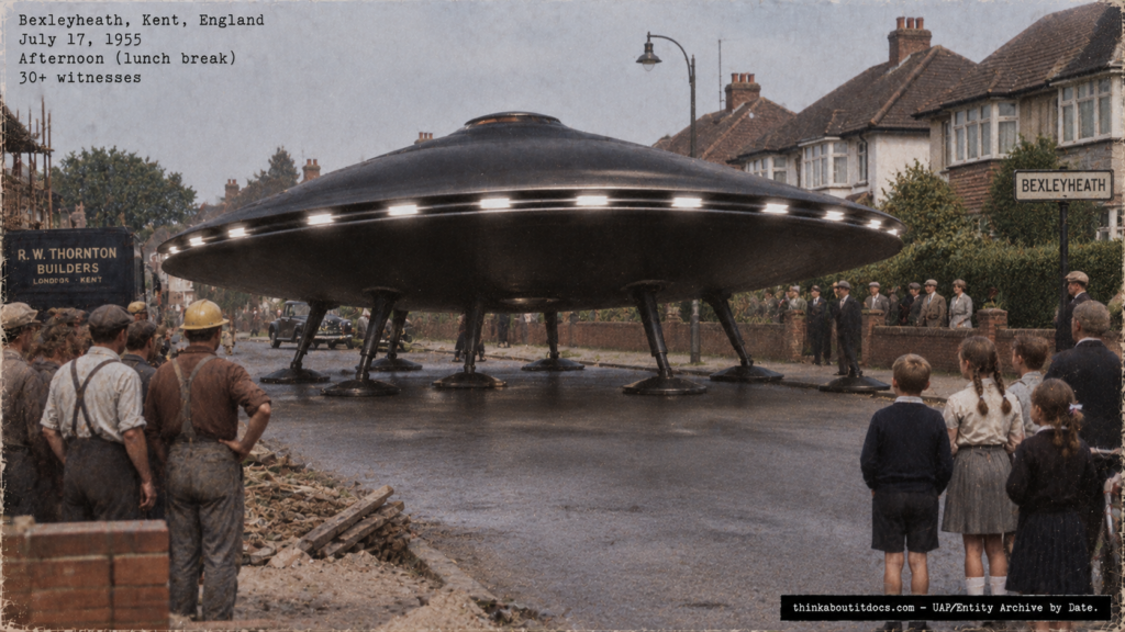 Illustration of the 1955 Bexleyheath, Kent UFO landing witnessed by over 30 people including a doctor and schoolchildren