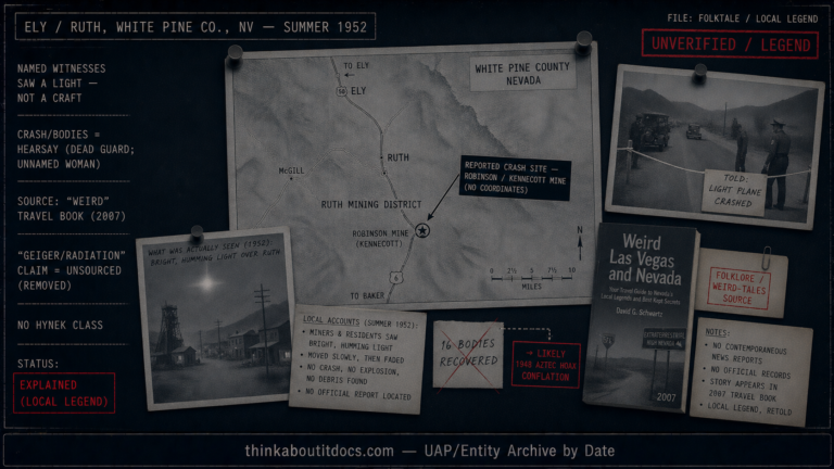 Dossier-style evidence board centered on a monochrome map of the Ruth/Ely mining district, with a bright-light sketch, a "told a light plane crashed" cordon tag, a "weird tales" travel book card, and a crossed-out "16 bodies" note linked to a 1948 Aztec hoax stamp, status Explained local legend