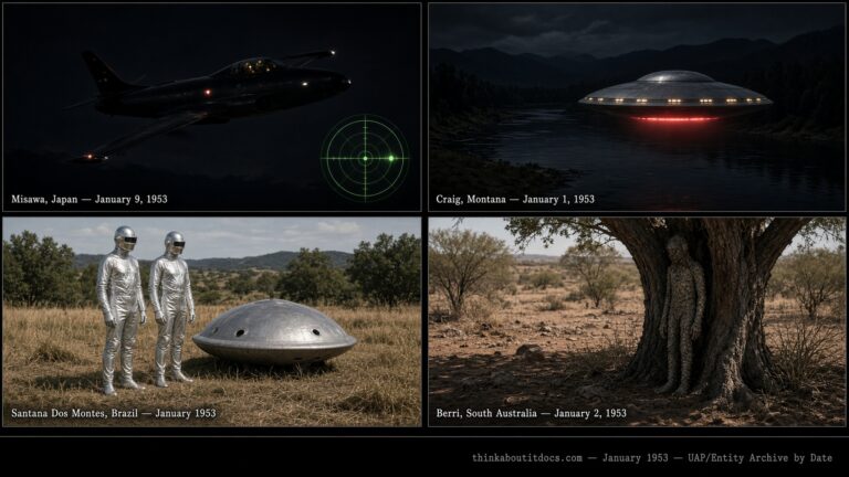 Four-panel collage of January 1953 UFO sightings: an F-94 radar lock over Misawa Japan on January 9, a silver saucer over Craig Montana on January 1, silver-suited humanoids beside a domed disc in Santana Dos Montes Brazil, and a scaly creature in Berri South Australia on January 2