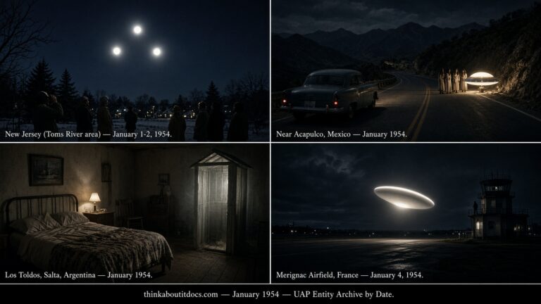 Four-panel collage of January 1954 UFO sightings: the triangulated New Jersey multi-town sighting, the Acapulco Mexico contact case, the Los Toldos Argentina encounter, and the Merignac Airfield France landing
