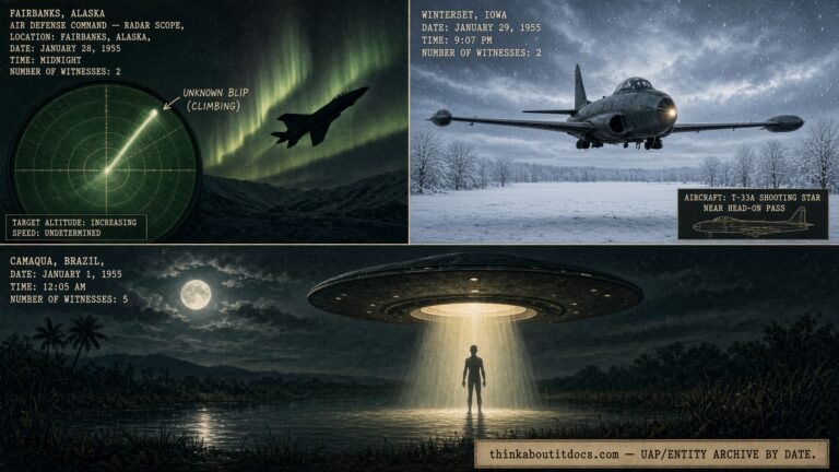 Illustrated collage of January 1955 UFO cases including the Fairbanks Alaska radar intercept, Winterset Iowa jet near-collision, and Camaqua Brazil humanoid lagoon encounter