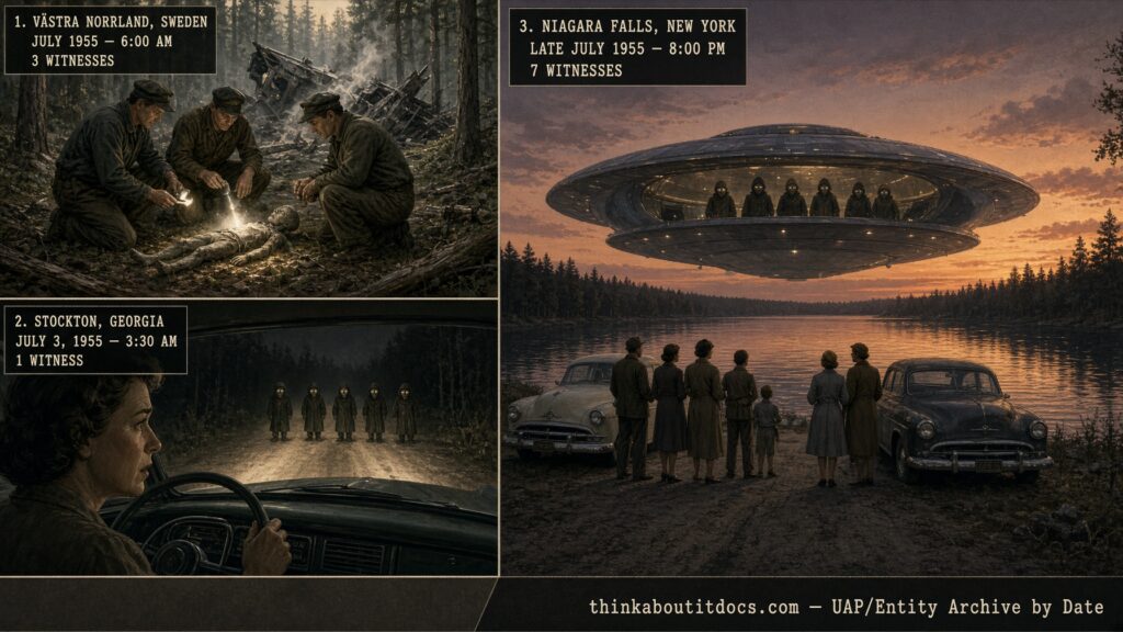 Illustrated collage of July 1955 UFO cases including the Vastra Norrland Sweden humanoid crash, Stockton Georgia entity encounter, and Niagara Falls New York vehicle-interference landing
