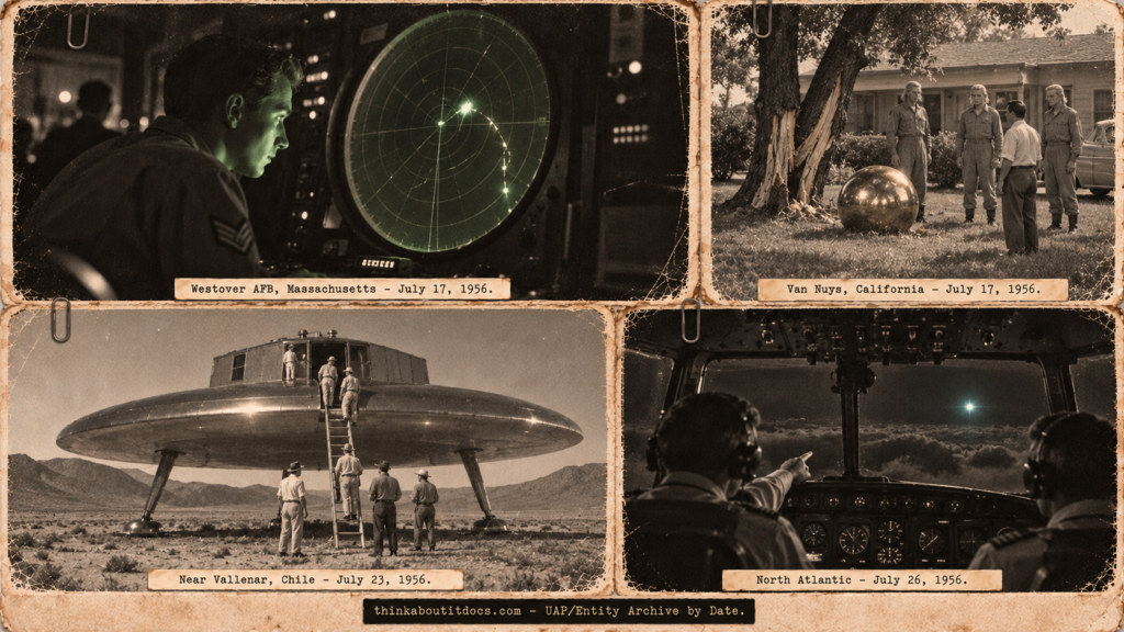 Four-panel 1950s press-photo collage of July 1956 UFO sightings: Westover AFB radar scope, Van Nuys "Venusian" contactee yard, Chile desert disc with ladder, and Pan Am DC-7 cockpit over the Atlantic.