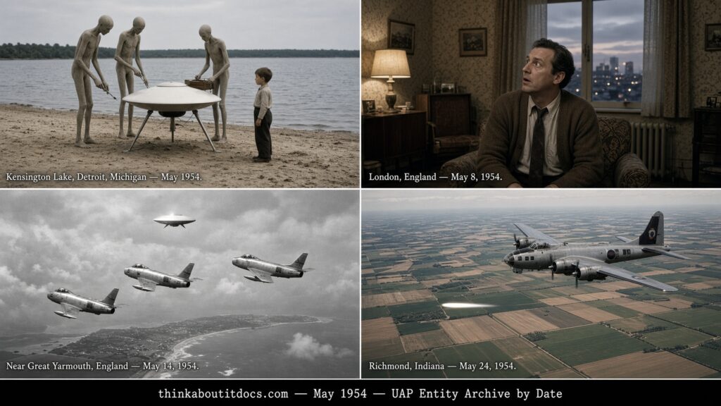 Four-panel collage of May 1954 UFO sightings: the Kensington Lake Michigan encounter, George King's London founding of the Aetherius Society, the Great Yarmouth England intercept, and the Brubaker photograph over Richmond Indiana