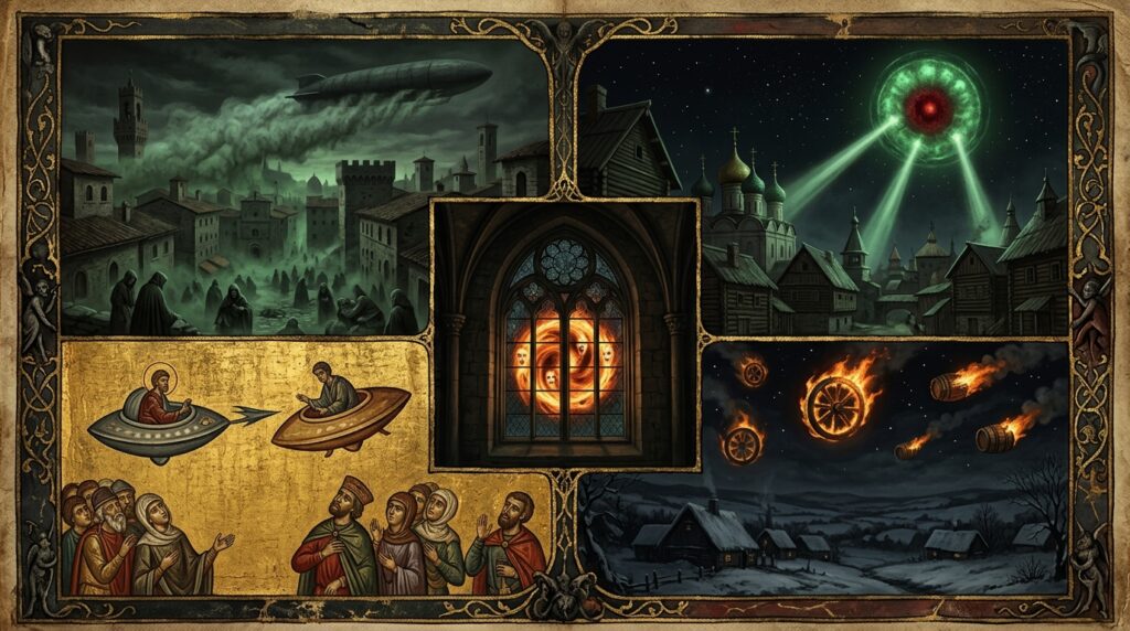 Collage of 14th century CE UFO and UAP sightings including Black Death cigar craft over Florence, Tver Russia green circle, Bologna rotating ball with faces, Dečani monastery fresco craft, and Leicester burning wheels