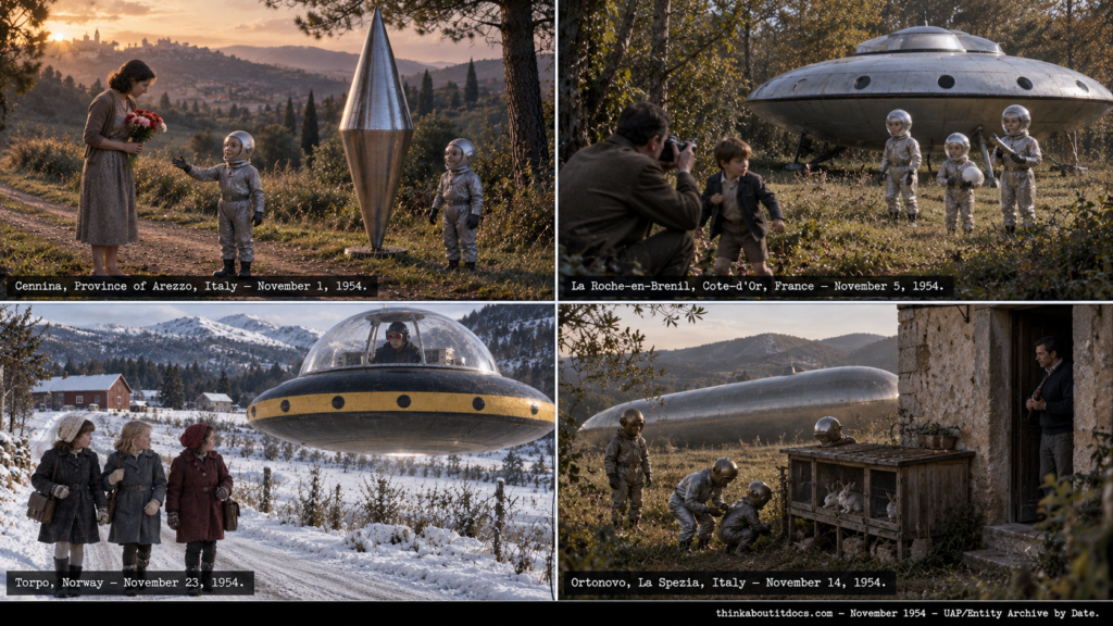 Four-panel collage of November 1954 UFO sightings: the Cennina Italy landing, the La Roche-en-Brenil France photographed encounter, the Torpo Norway schoolgirls' sighting, and the Ortonovo Italy encounter
