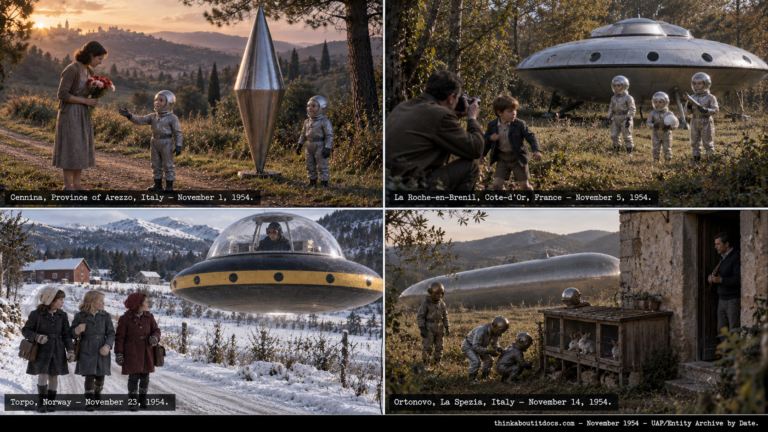 Four-panel collage of November 1954 UFO sightings: the Cennina Italy landing, the La Roche-en-Brenil France photographed encounter, the Torpo Norway schoolgirls' sighting, and the Ortonovo Italy encounter