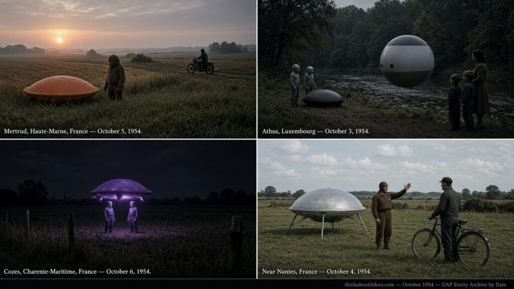 Four-panel collage of early October 1954 UFO sightings during the French flap: the Mertrud entity encounter, the Athus Luxembourg floating head case, the Cozes single-eyed entities, and the Nantes nuclear warning contact