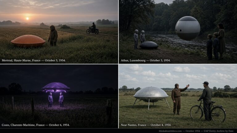 Four-panel collage of early October 1954 UFO sightings during the French flap: the Mertrud entity encounter, the Athus Luxembourg floating head case, the Cozes single-eyed entities, and the Nantes nuclear warning contact