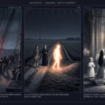 Three-panel intelligence archive illustration showing Andrew Bloxam's 1825 Pacific fireball rising from the ocean near a Royal Navy vessel, the 1827 Tjerwerk Netherlands fireball assuming human shape and walking toward a Frisian burial mound, and the 1830 Paris nocturnal contact in which Catherine Labouré knelt before a weeping luminous entity in a midnight chapel