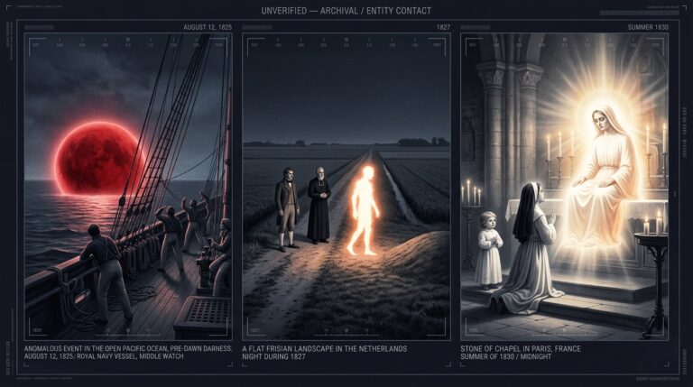 Three-panel intelligence archive illustration showing Andrew Bloxam's 1825 Pacific fireball rising from the ocean near a Royal Navy vessel, the 1827 Tjerwerk Netherlands fireball assuming human shape and walking toward a Frisian burial mound, and the 1830 Paris nocturnal contact in which Catherine Labouré knelt before a weeping luminous entity in a midnight chapel