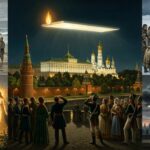 Collage of 1800-1809 CE early 19th century UFO and UAP sightings including Moscow Kremlin luminous plate 1808, Harayadori Japan 1803 hollow vessel woman, Koyuk Alaska 1800 stranded disc crew, Providence Rhode Island 1806 luminous female entity, and London 1809 cloud objects 207-minute observation