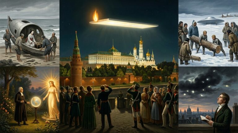 Collage of 1800-1809 CE early 19th century UFO and UAP sightings including Moscow Kremlin luminous plate 1808, Harayadori Japan 1803 hollow vessel woman, Koyuk Alaska 1800 stranded disc crew, Providence Rhode Island 1806 luminous female entity, and London 1809 cloud objects 207-minute observation