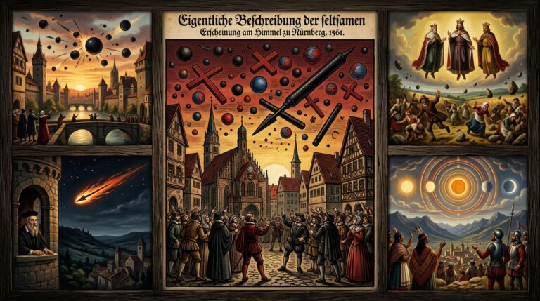 Collage of 1550-1569 CE Renaissance UFO and UAP sightings including the Nuremberg 1561 aerial battle with hundreds of spheres and black spear, Basel 1566 black spheres, Belgium crowned figures, Nostradamus Provence sighting, and Peru three suns