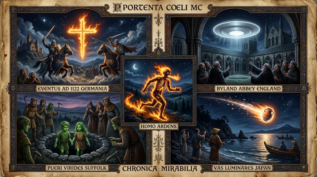 Collage of 12th century CE UFO and entity sightings including aerial knights over Germany, Byland Abbey silver disc, Railbach burning man, Green Children of Woolpit, and Japanese earthenware vessel