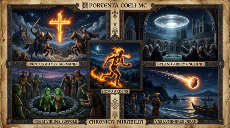 Collage of 12th century CE UFO and entity sightings including aerial knights over Germany, Byland Abbey silver disc, Railbach burning man, Green Children of Woolpit, and Japanese earthenware vessel