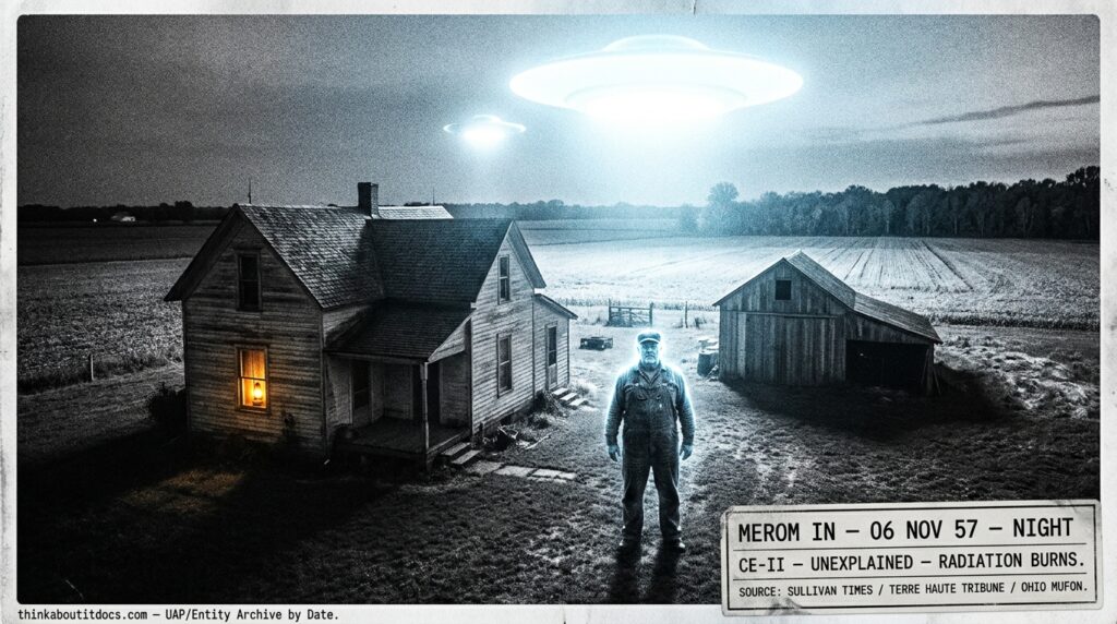 Dossier-style reconstruction of the November 1957 Merom Indiana CE-II showing an ironworker standing in a farmyard looking up at a brightly luminous 40-foot object whose eerie penetrating light bathes the entire farm in cold blue-white illumination