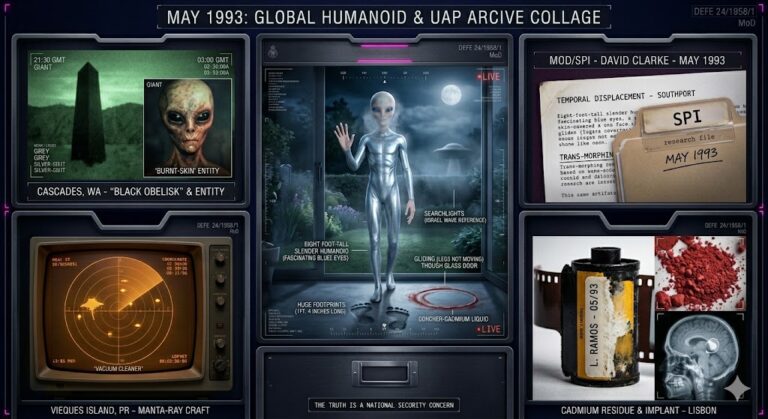 Illustrated collage of the May 1993 UFO sightings, featuring the Israel giants, manta-ray craft, and medical procedures.