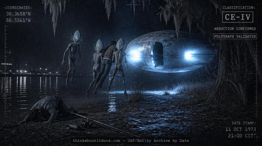 Reconstruction of the October 11, 1973, Pascagoula abduction showing Charles Hickson and Calvin Parker being seized by three grey-skinned, claw-handed entities near a glowing egg-shaped craft on the Pascagoula River.