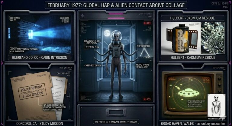 Illustrated collage of February 1977 UFO sightings, including the Clearwater entity and the Broad Haven school encounter.