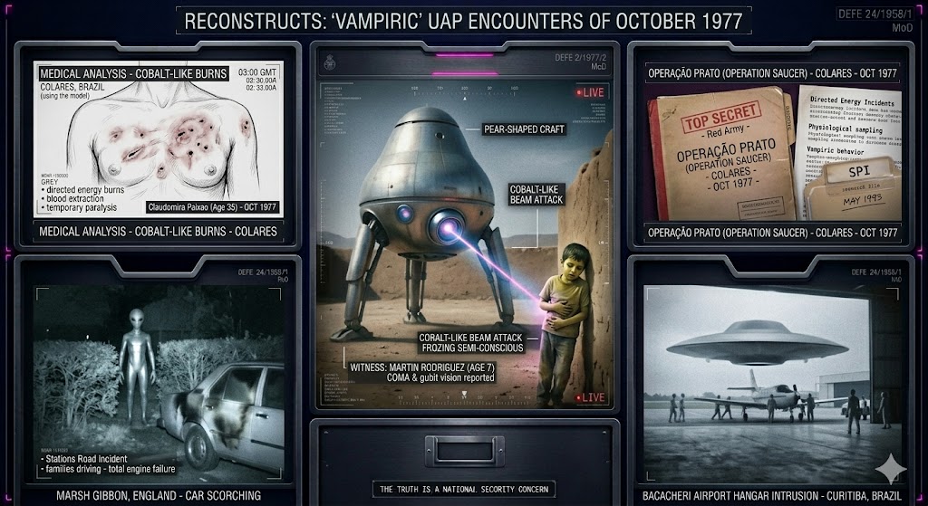 Illustrated collage of October 1977 UFO sightings, including the Colares beam attacks and the Tordesillas craft.