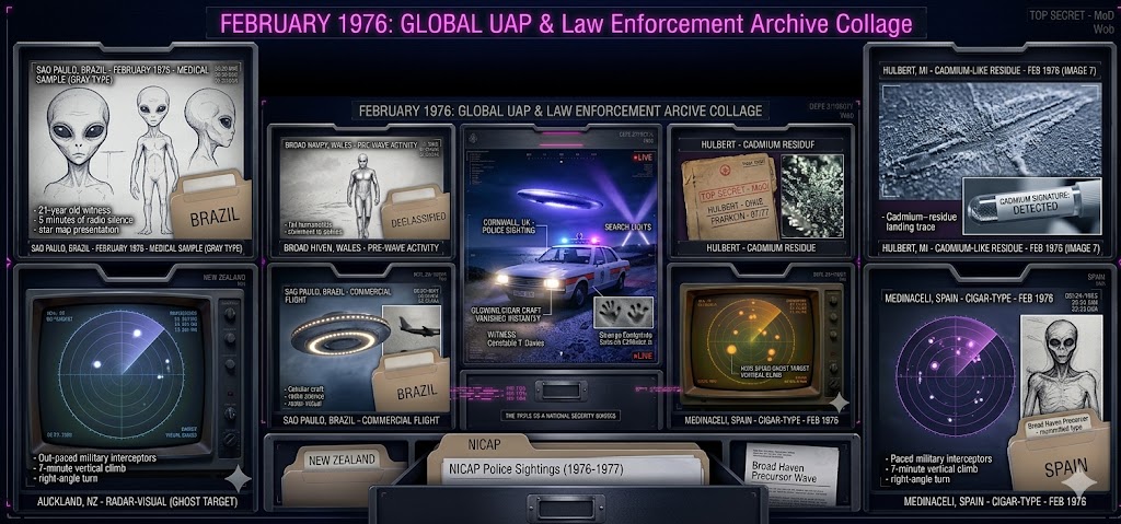 Illustrated collage of February 1976 UFO sightings, including the Cornwall police encounter, the São Paulo Gray-type medical sample, and the Broad Haven precursor Wave.