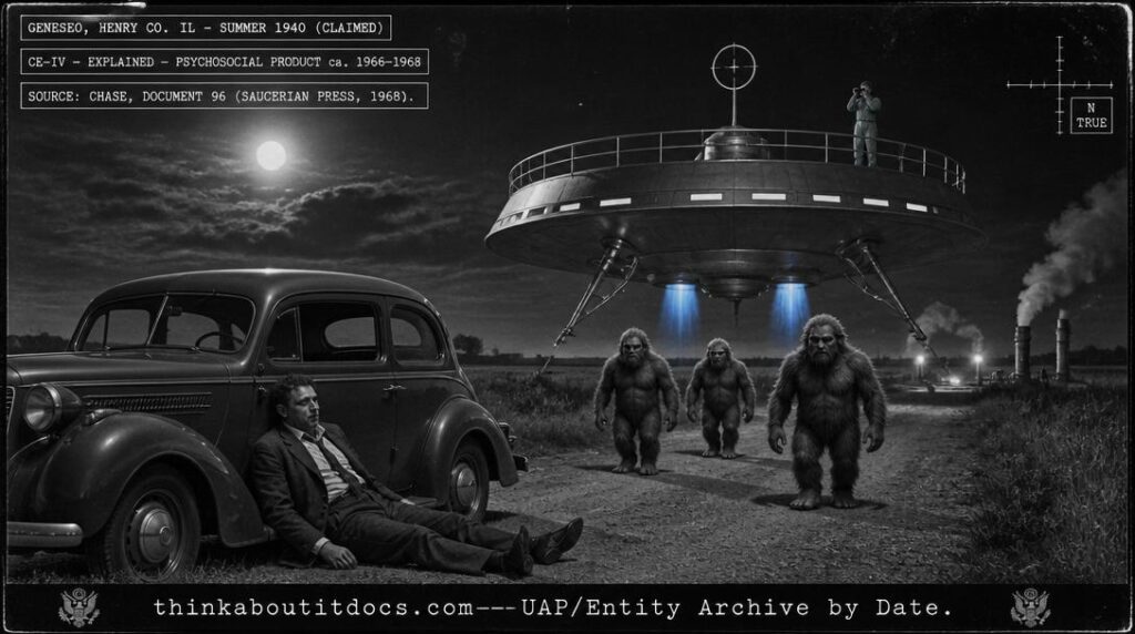 Dossier-style reconstruction of the Rex Ball 1940 Geneseo Illinois abduction showing an exhausted man beside a 1930s sedan on a flat rural road as three short hairy beings approach from a hovering Saturn-disc craft with twin blue exhaust flames radio direction finder and slit windows with underground steam vents beyond