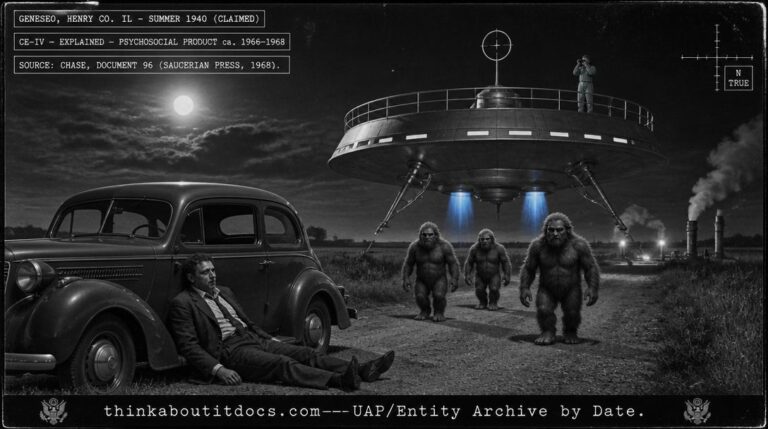 Dossier-style reconstruction of the Rex Ball 1940 Geneseo Illinois abduction showing an exhausted man beside a 1930s sedan on a flat rural road as three short hairy beings approach from a hovering Saturn-disc craft with twin blue exhaust flames radio direction finder and slit windows with underground steam vents beyond