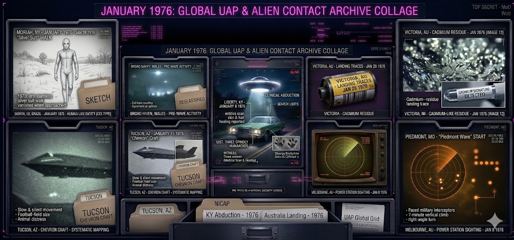 A technical archive collage documenting January 1976 UFO sightings, including the Liberty KY abduction, Melbourne power station UAP, and the Moriah NY silver suit encounter.