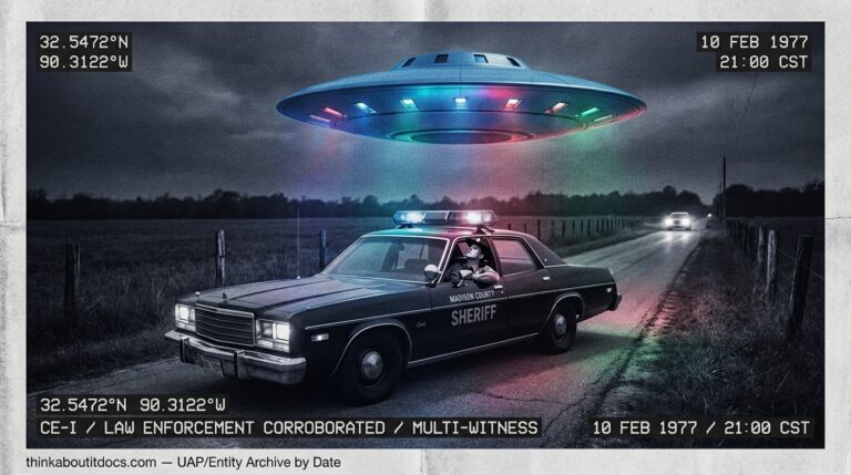 Reconstruction of the February 10, 1977, Flora, Mississippi, sighting where a 30-to-40-foot metallic-blue disc hovered 20 feet directly over Deputy Kenneth Creel's patrol car.