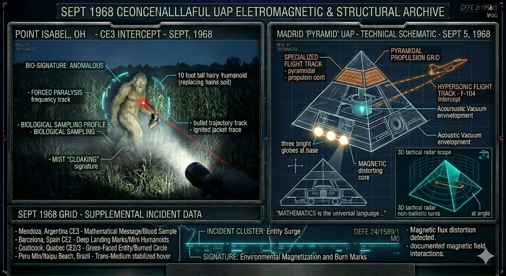Forensic split-view of the 1968 Ohio creature encounter and the Madrid pyramid-shaped UAP schematic.