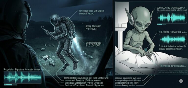 Forensic split-view showing the 1968 Otoco sheep organ harvesting and the Golden Valley clinical blood extraction abduction.